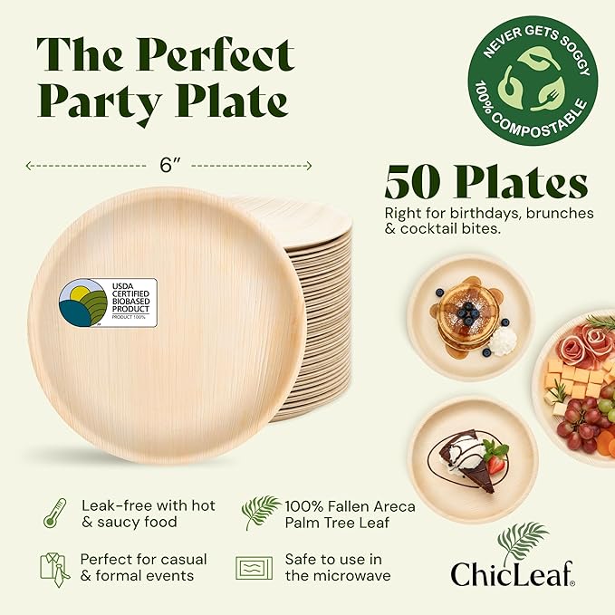 Chic Leaf Palm Leaf Plates - 6" Pack of 50 - Eco-Friendly Compostable Plate - Versatile Appetizer Dish Christmas Dinner Family Meal