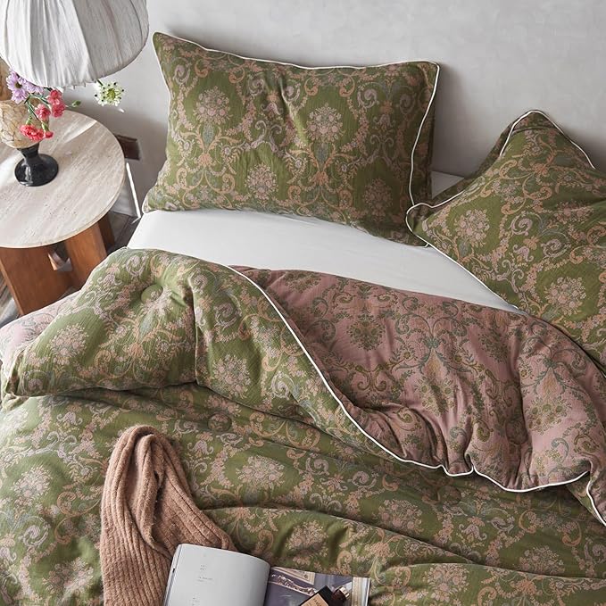 EAVD Paisley Floral Comforter Set Queen Soft 100% Muslin Cotton Boho Green Bedding Set with 2 Pillowcases Vintage Floral Botanical Comforter Set for All-Season