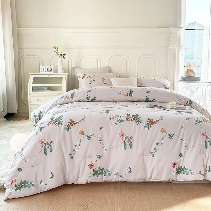 EAVD Garden Floral Comforter Set Queen Vintage Chic Botanical Floral Leaves Patten Aesthetic Comforter Soft Washed Microfiber Bedding Comforter Set 1 Comforter and 2 Pillowcases