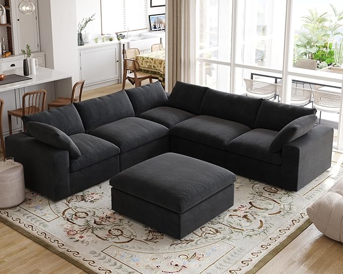 JACH V Shape Couch Sectional for Living Room, Modular Convertible Sofa, Couch Cushion Covers Removable, Cloud Sofas with Chaise Ottoman for Living Room, Bedroom, Apartment (Black)