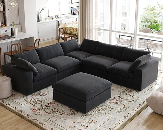 JACH V Shape Couch Sectional for Living Room, Modular Convertible Sofa, Couch Cushion Covers Removable, Cloud Sofas with Chaise Ottoman for Living Room, Bedroom, Apartment (Black)