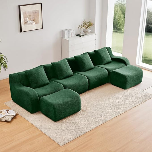 Green U-Shaped Cloud Couch with 2 Ottomans, Modern Teddy Fabric Boneless Sectional Sofa in a Box for Living Room, Modular Floor Couch, Deep Seat, No Assembly Required, Sofas para Sala