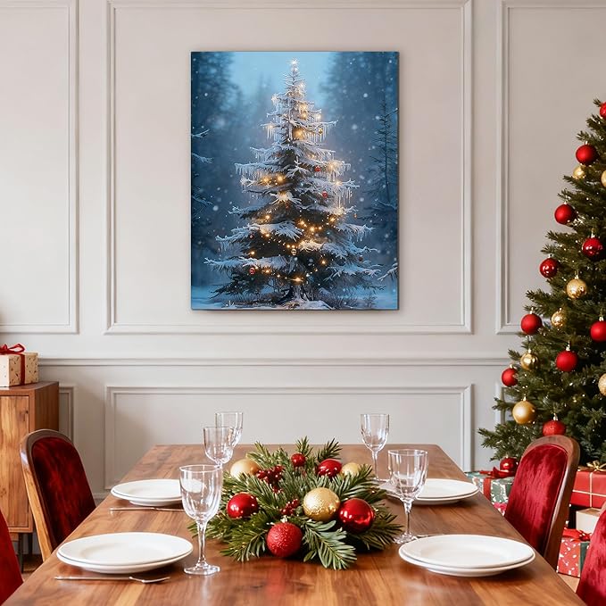Framed Christmas Pictures Wall Decor,Vintage Pine Tree Prints,Winter Christmas Canvas Wall Art Decoration for Bedroom Bathroom Living Room Rustic Xmas Holiday Gifts (Christmas Tree 15, 24'' X 36'')