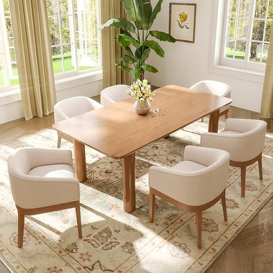 Dining Chairs Set of 6 Mid-Century Modern Dining Chairs, Linen Upholstered Kitchen Dining Room Chairs, Curved Backrest Dining Chair with Wood Legs, Beige