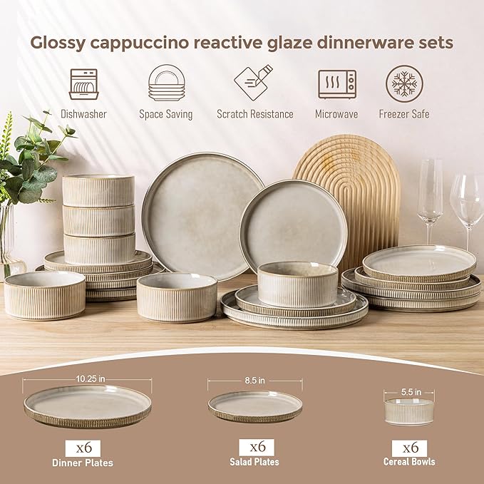 GBHOME Stoneware Dinnerware Sets for 6,Round Reactive Glaze Ceramic Plates and Bowls Set,Highly Scratch Resistant | Dishwasher & Microwave Safe Dishes Set,Service for 6(18Pcs)，Cappuccino