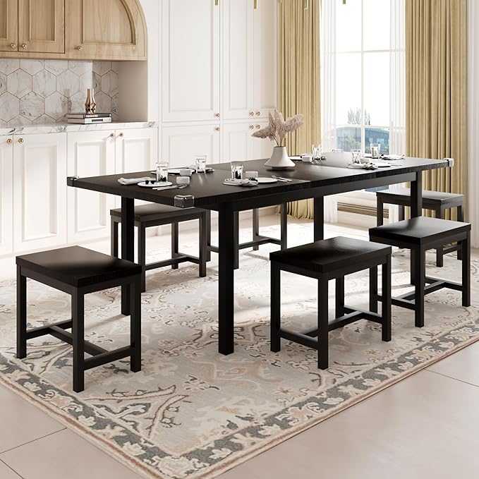 Feonase 7-Piece Dining Table Set with 6 Stools, 63" Large Extendable Kitchen Table Set for 4-8, Mid-Century Dining Room Table with Heavy-Duty Frame, Easy Assembly, Black