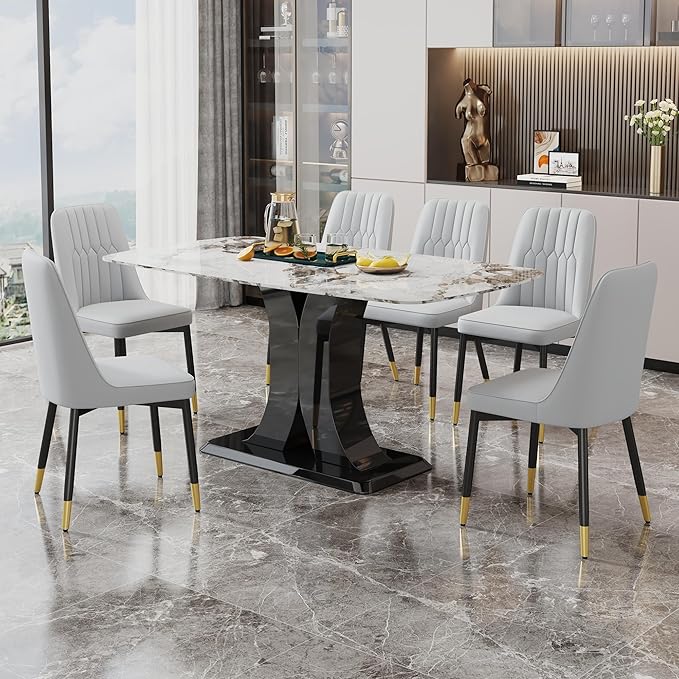 Dining Chairs Set of 6，Modern Dining Chairs, Equipped with PU Leather Backrest Cushions and Black Metal Legs, Suitable for Restaurants, Kitchens, and Bedrooms Dining Room Chairs