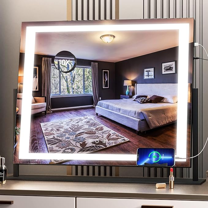 Hasipu Vanity Mirror with Lights, 24.2" x 19.7" LED Makeup Mirror, Light up Mirror with 10X Magnification and USB, Phone Holder, Smart Touch 3 Colors Dimmable, 360° Rotation (Right Angle Black)