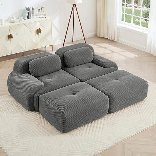 80" Modern Compressed Boneless Love Seat Couches with 2 Ottomans, 2 Seater Large Sectional Couches for Living Room, Gray Corduroy Cloud Modular Sectional Sofa, Memory Foam, Deep Loveseat, No Assembly