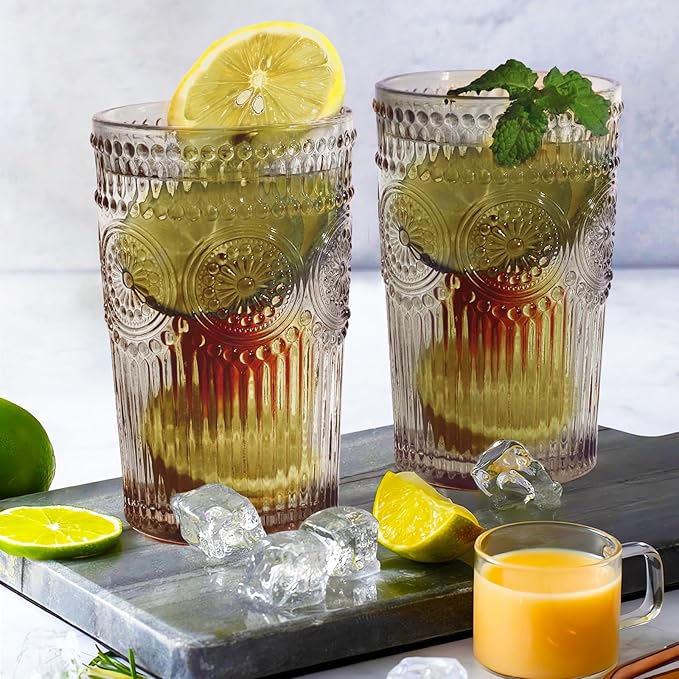 6pcs Vintage Drinking Glasses Set, 12 oz Tawny Highball Glasses, Embossed Ribbed Glassware Cups for Cocktail, Water, Juice, Coffee, Whiskey