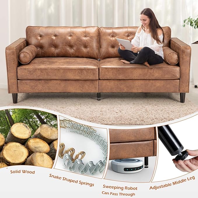 Esright Mid Century Modern Faux Leather Sofa, 84.2-Inch 3-Seater Vintage Couch with 2 Bolster Pillows, Large Brown Sofa for Living Room, Apartment, Office
