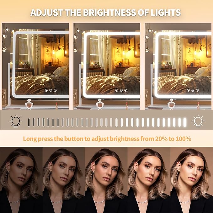 Hasipu Vanity Mirror with Lights, 25" x 21" LED Makeup Mirror, Light up Mirror with 10X Magnification and Phone Holder, USB Charging Port, Smart Touch 3 Colors Dimmable, 360° Rotation (White)