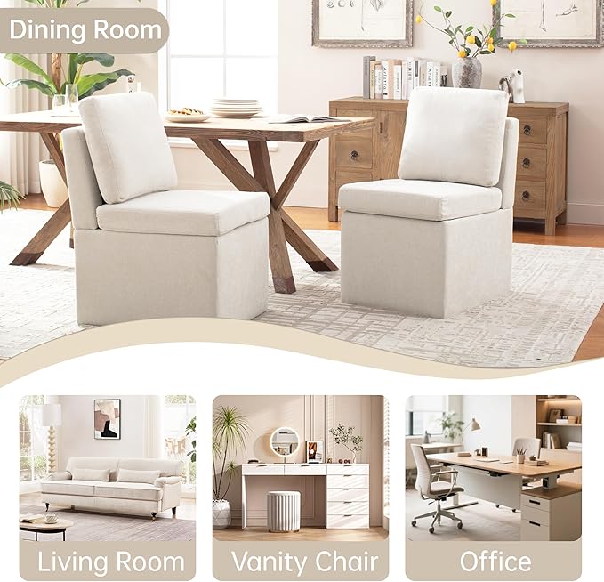 VKNOW Upholstered Dining Chairs, Modern Kitchen Chairs with Storage, Linen Armchair Dining Room Chairs for Kitchen Room (Beige, Set of 2)