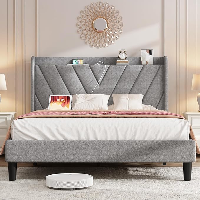 koorlian Full Size Bed Frame, Full Bed with Headboard, Adjustable Upholstered Bed Frame with Type-C&USB Port, Wingback Storage Headboard, Noiseless, No Box Spring Needed, Light Gray