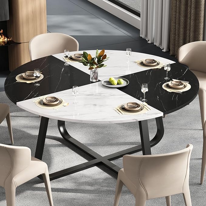 LVB Round Marble Dining Table, Modern Wood Metal Kitchen Dining Table, Industrial Small Dinner Room Table for 4 to 6 People for Living Room, Home, Apartment,Black and White Marble, 42 Inch