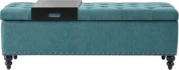HUIMO 51-inch Storage Ottoman Bench with Removable Tray, Bedroom Bench with Button-Tufted, Safety Hinge Ottoman in Upholstered Fabrics, Large Long Bench for Living Room, Bedroom (Teal)