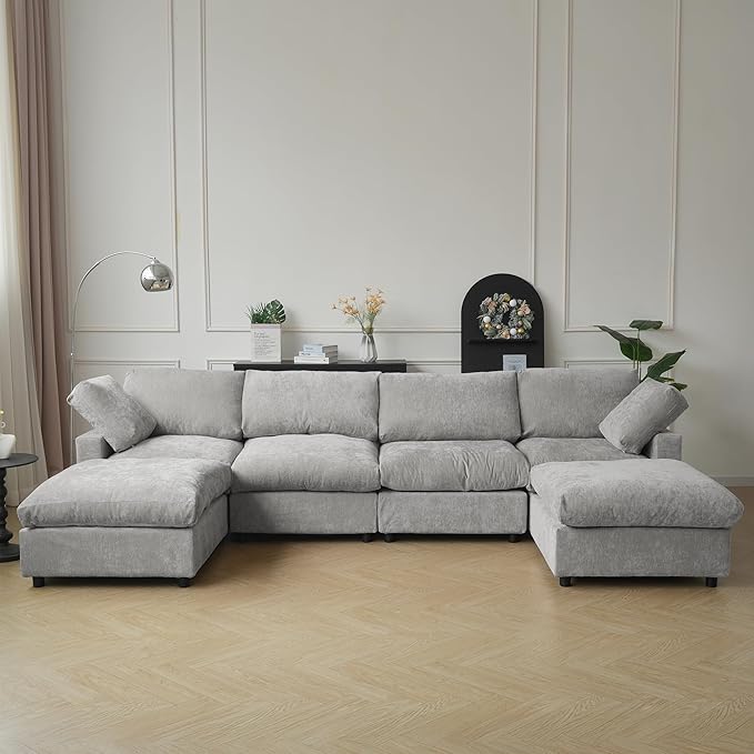 JACH U Shape Sectional Couches for Living Room, Modular Sofa with Chaise Ottomans, Cloud Sectional Couch, Sofa Covers Washable, Minimalist Couch for Living Room, Apartment, Light Grey