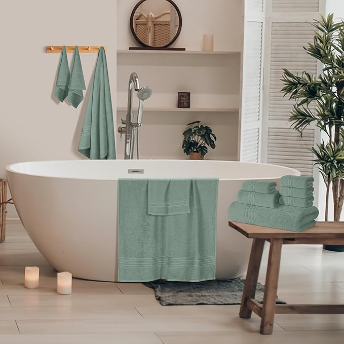 BOUTIQUO 100% Cotton Towel Set, Contains 4 Soft Bath Towel, 6 Hand Towels, 8 Wash Cloths - Compact Absorbent Lightweight & Quickdry Towels for Bathroom - 18 Piece Bathroom Towel Set - Jade