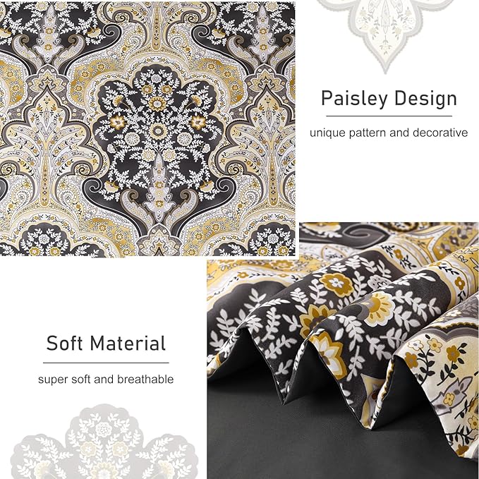 Drucon Boho Paisley Comforter Set Queen Size, 7 Pieces Bed in a Bag Black Gold Comforter Set, Soft Lightweight Bedding Set (1 Comforter, 1 Flat Sheet, 1 Fitted Sheet, 2 Pillow Shams, 2 Pillowcases)