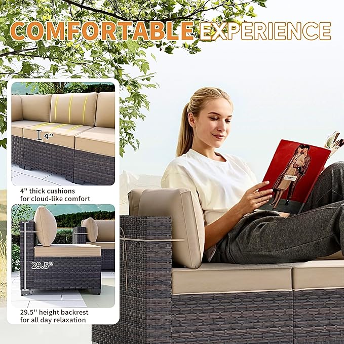 Gotland 8 Pieces Patio Furniture Set with Fire Pit Table, All Weather Rattan Outdoor Furniture with 29.5'' High Backrest 4’’ Thick Cushions Coffee Table, Outdoor Sectional for Porch, Deck, Khaki