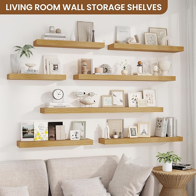 fuqing Floating Shelves for Wall, Wall Mounted Wood Floating Shelf with Invisible Brackets for Living Room, Bathroom, Bedroom, Kitchen Storage and Decor, 24 Inch Set of 2, Oak