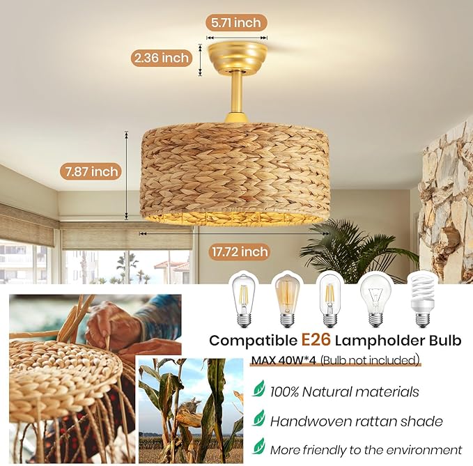 Boho Fandelier Ceiling Fans with Lights, Rattan Chandelier Fan Gold Caged Ceiling Fan with Light Remote, Flush Mount Chandelier Ceiling Fan with 6 Speeds Fandelier for Bedroom, Living Room,Kitchen