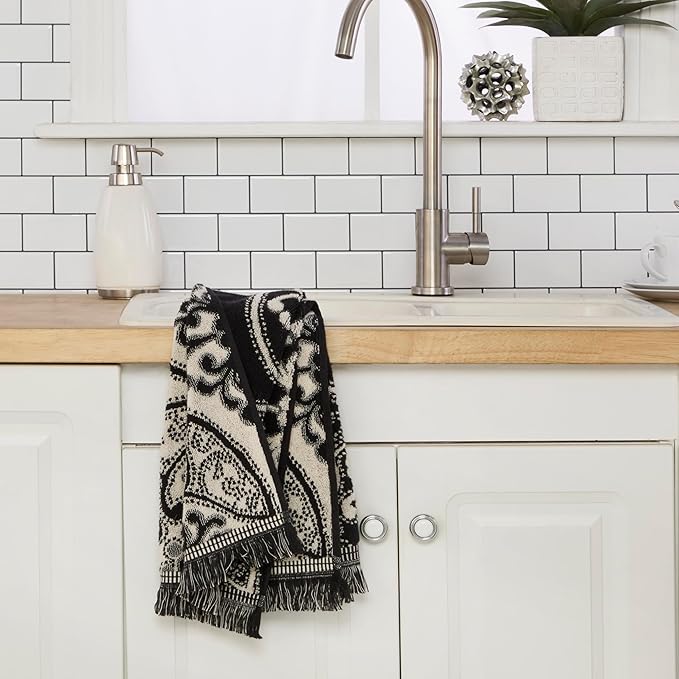 SKL Home Amherst Medallion 100% Cotton Premium 2-Piece Hand Towel Set, 600 GSM, Reversible Jacquard, Soft & Absorbent, Decorative for Bath/Kitchen/Bar & Gift, Black