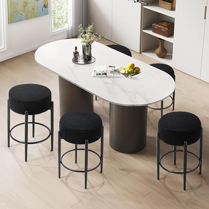 Counter Height Bar Stools, Set of 2, 24" Modern Backless Bar Stools, Ideal for Kitchen Counter, Kitchen Island, Boucle Sherpa Padded Cover, with Round Soft Seat and Foot Rest, Black