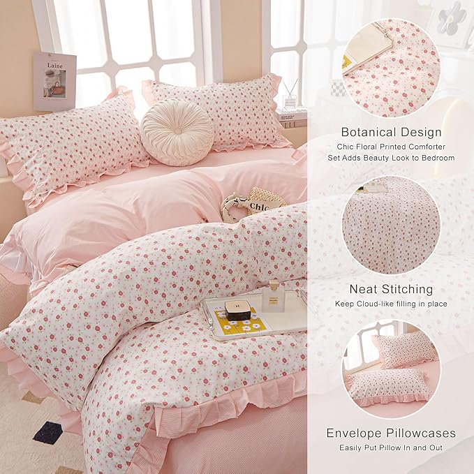 EAVD French Style Garden Pink Floral Comforter Set Queen Girls Fluffy Soft Microfiber Chic Shabby Floral Bedding Set with 2 Pillowcases Fresh Ruffled Botanical Comforter Set for All-Season