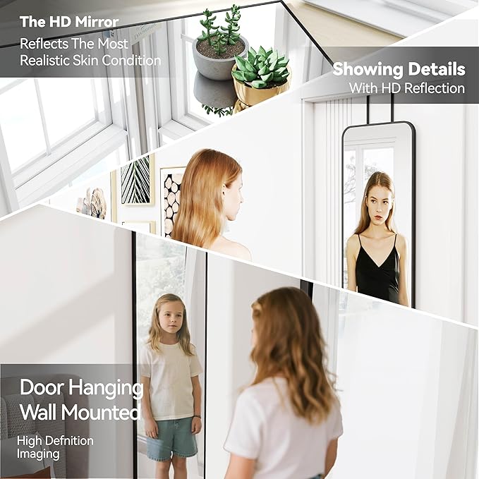 47x14 Mirror Full Body Length Door Hanging/Rope Hang/Wall Mounted Metal Frame Rectangle Mirrors for Bedroom Bathroom Dressing Living Room 47 inch Black