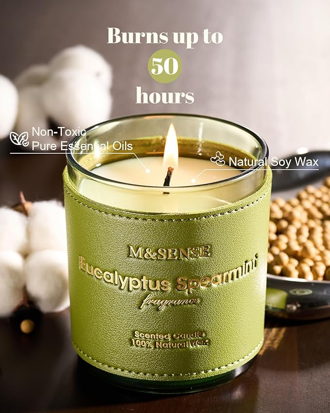 M&SENSE Eucalyptus Mint Scented Vegan Soy Candles, 10oz Long Burning 42-Hour Burn Time, Fall Winter Home Fragrance for Stress Relief, Calming, Meditation, Thanksgiving Christmas Gift for Women and Men
