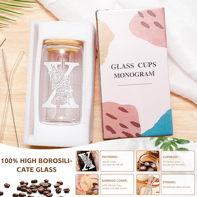 Christmas Gifts for Women: Initial Glass Cup as Office Graduation Memorial Holiday Personalized Gifts - for Mom Grandma Wife Girlfriend Sister Daughter Friend Christmas Gifts - X Aesthetic Cup