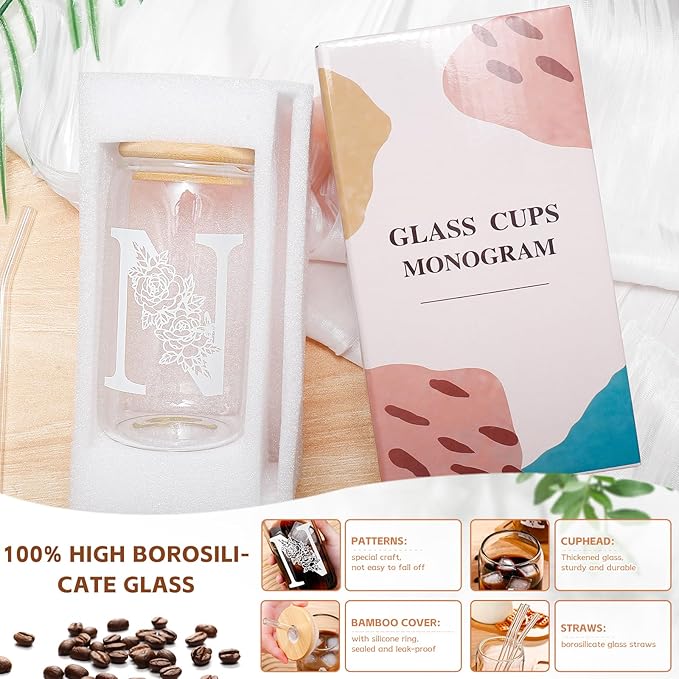 DWTS DANWEITESI Birthday Gifts for Women: Initial Glass Cup as Office Graduation Memorial Holiday Personalized Gifts - for Teacher Employee Nurse Coworkers Bridesmaid Bride - N Aesthetic Cup