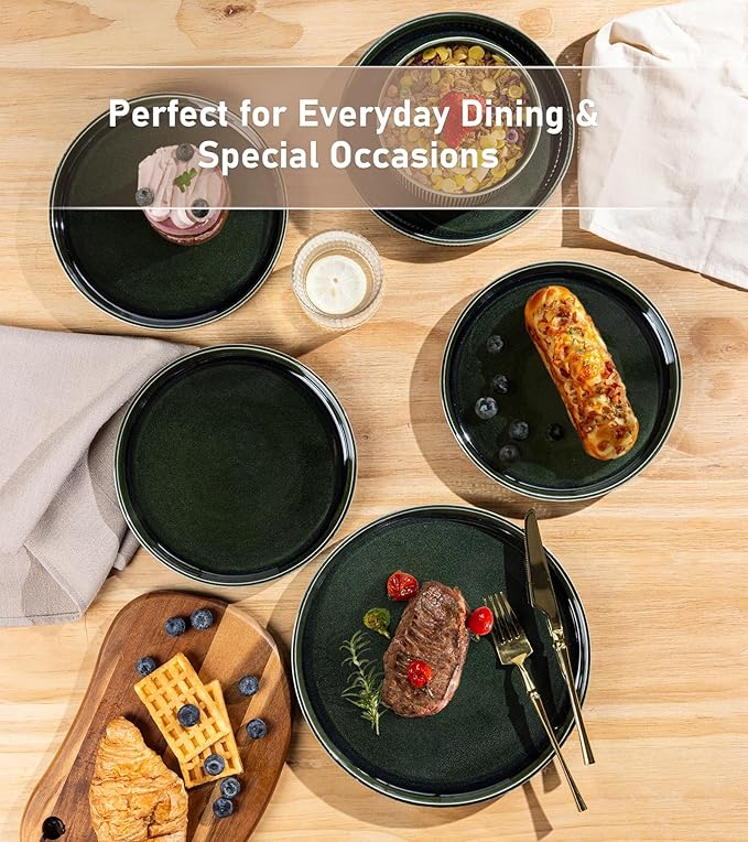 GBHOME Stoneware Dinnerware Sets for 4,Round Reactive Glaze Ceramic Plates and Bowls Set,Highly Scratch Resistant | Dishwasher & Microwave Safe Dishes Set,Service for 4(12Pcs),Earth Green