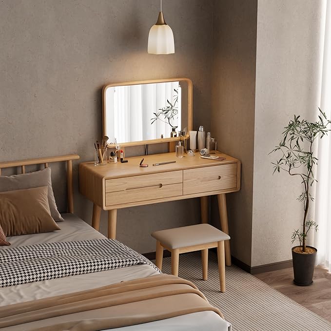 Solid Wood Vanity Desk with Mirror and Lights,Adjustable Height and Brightness, Makeup Vanity with 3 Drawers,Semi-Assembled,Dressing Table for Bedroom (Natural)