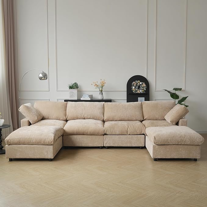 JACH U Shape Sectional Couches for Living Room, Modular Sofa with Chaise Ottomans, Cloud Sectional Couch, Sofa Covers Washable, Minimalist Couch for Living Room, Apartment, Khaki