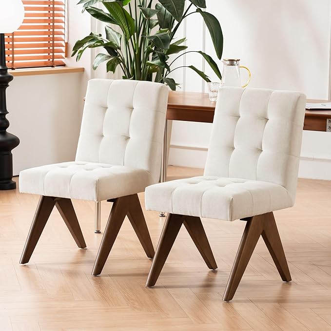 Rowill Modern Upholstered Dining Chairs Parsons Chair Linen Fabric Kitchen Chairs Tufted Armless Dining Room Chairs with Wood Legs Set of 6, Beige