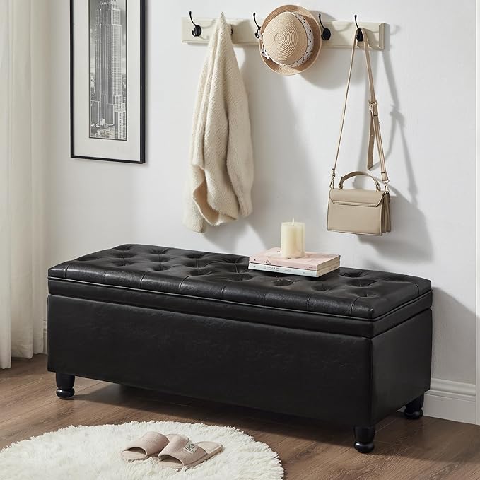 mikibama PU Leather Storage Bench for Bedroom End of Bed,45" Long Tufted Bed Bench with Storage,Modern Mid Century Storage Ottoman Bench for Window,Entryway,Living Room Solid Wood Legs (Black PU 45")