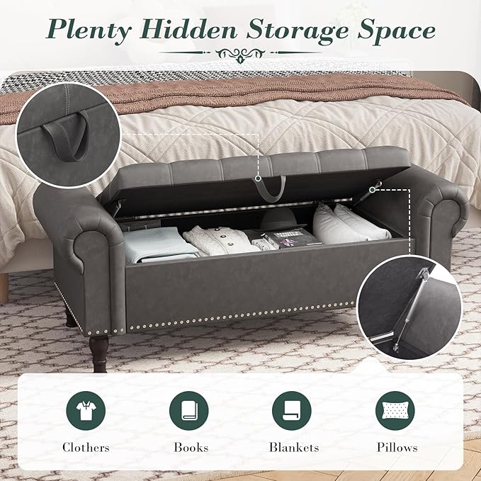 Apicizon 51” Bench with Storage, Upholstered Tufted Button Bedroom Bench with Storage, Faux Leather End of Bed Bench with Rolled Arms, Storage Ottoman Bench for Bedroom, Living Room, Entryway, Gray