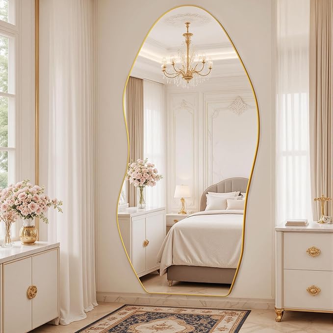 Antok Full Length Mirror, 81"x41" Floor Mirror with Stand, Standing Hanging Leaning Irregular Mirrors for Bedroom Living Room Entryway, Wavy Shaped, Golden