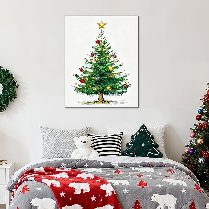 Framed Christmas Pictures Wall Decor,Vintage Pine Tree Prints,Winter Christmas Canvas Wall Art Decoration for Bedroom Bathroom Living Room Rustic Xmas Holiday Gifts (Christmas Tree 7, 20'' X 32'')