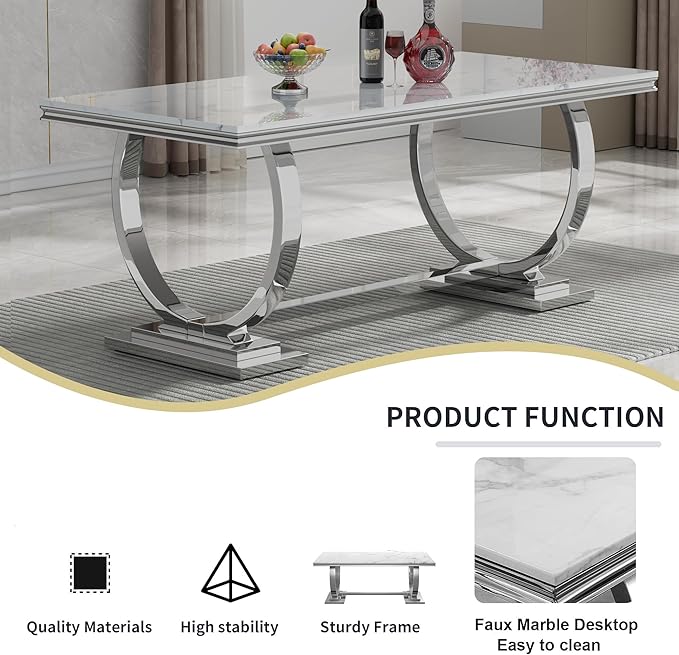 Goujxcy 7 Piece Marble Dining Table Set for 6, Luxury White Marble Silver Kitchen Table with 6 Blue Velvet Upholstered Chairs, Modern 6 Person Dining Room Table Set for Kicken Dining Office Room