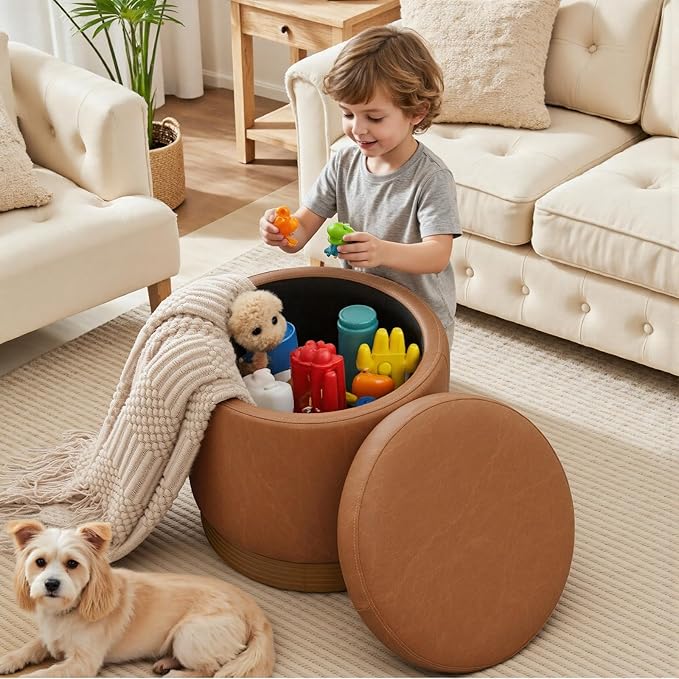 Round Storage Ottoman,Swivel Vanity Stool-Leather Foot Rest,Upholstered Footstool Pouf with Sturdy Acacia Wood Frame(500 lbs),Small Coffee Table & Hidden Storage Ottoman for Living Room