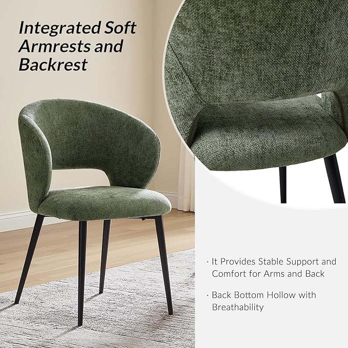 Contemporary Dining Chairs with Armrests – Ergonomic Soft-Padded Seat, Curved Backrest, Matte Black Metal Legs, Comfortable Kitchen & Dining Room Chairs, Set of 2