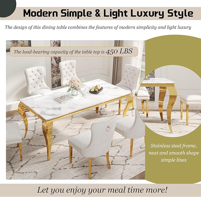 70" Large Marble Dining Table for 4-6 People, Modern Kitchen Table with Faux Marble top and Stainless Steel Legs, Perfect for Home Kitchen Living Room, White,Gold
