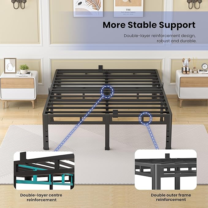 NKZ 18 Inch Queen Size Bed Frame, Metal Bed Frame & Box Spring 2 in 1 Platform with Round Corner Legs, 4000Lbs Heavy Duty Metal Frame, Mattress Slide Stopper, Headboard Hole, Noise-Free, Easy Assembly