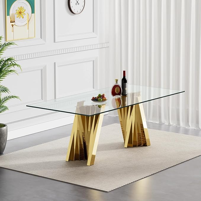 70" Modern Glass Dining Table for 6-8, Luxury Gold Glass Dining Room Table with Mirrored Flash-Shape Stainless Steel Base, Rectangle Kitchen Dinner Tables for Dining Room Kitchen