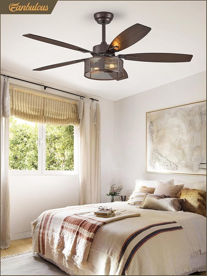 Farmhouse Oil Bronze Ceiling Fans with Lights and Remote, 52 Inch Bedroom Caged Ceiling Fans for Living Room Kitchen，6 Speed Reversible Quiet DC Motor, Dual Finish 5 Blades