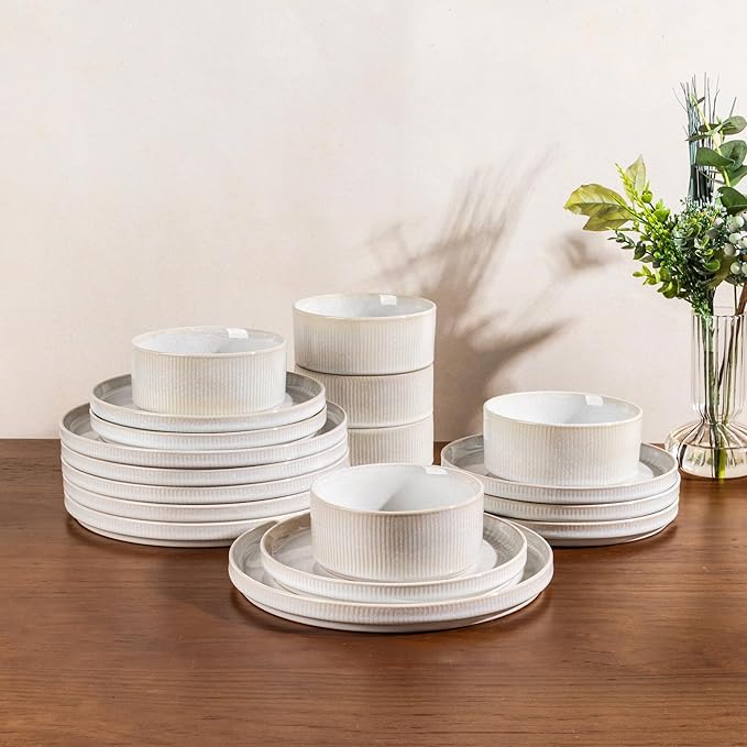 GBHOME Stoneware Dinnerware Sets for 4, Round Reactive Glaze Ceramic Plates and Bowls Set, Highly Scratch Resistant | Dishwasher & Microwave Safe ，Service for 4(12Pcs),Sugar White