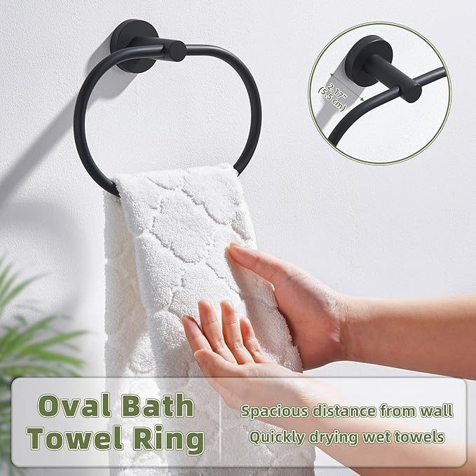 APLusee Matte Black Towel Ring, Stainless Steel Oval Hand Towel Holder for Bathroom Kitchen, Wall Mounted
